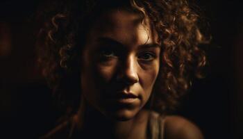 Confident young woman with curly hair in elegant studio portrait generated by AI photo