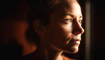 Young adult woman looking away, contemplating, backlit by window generated by AI photo