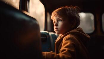 Cute Caucasian boy sitting inside car, looking through window on journey generated by AI photo