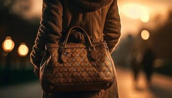 Modern adults walking outdoors, holding bags, enjoying city life generated by AI photo