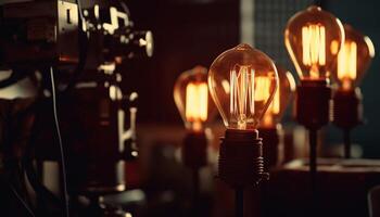 Glowing filament illuminates old fashioned electric lamp in studio shot generated by AI photo