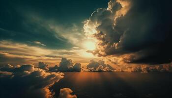 Vibrant, panoramic landscape fluffy clouds, moody sky, and bright sunlight generated by AI photo