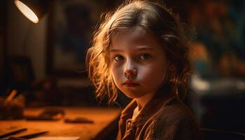 One cute girl sitting outdoors, back lit by sunset, smiling generated by AI photo