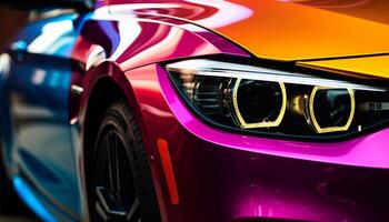 Smooth metallic sports car with vibrant multi colored alloy wheels generated by AI photo