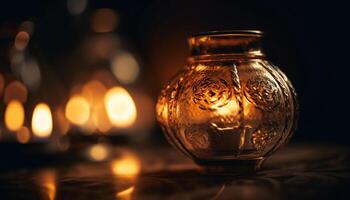 Candlelight illuminates the glowing whiskey bottle on the dark table generated by AI photo