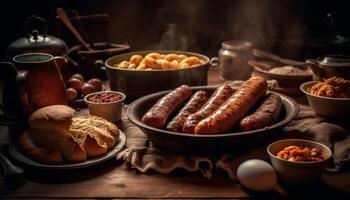 Grilled meat on rustic wood table, a homemade gourmet meal generated by AI photo