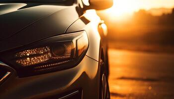 Shiny sports car speeds through city, illuminated by headlights generated by AI photo