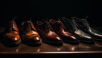 nuevo cuero Zapatos en negro, brillante elegancia para moderno empresarios generado por ai foto