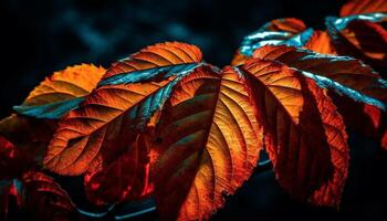 Vibrant autumn colors on a maple tree branch, backlit by sunlight generated by AI photo