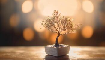 Fresh green seedling illuminated by sunlight on wooden table outdoors generated by AI photo