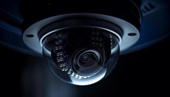 Surveillance technology watching indoors with security camera equipment and lens generated by AI photo