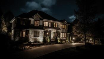 Spooky modern architecture illuminates dark suburban landscape with lantern lighting generated by AI photo