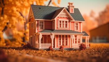 Rustic cottage with multi colored toy on porch in autumn season generated by AI photo