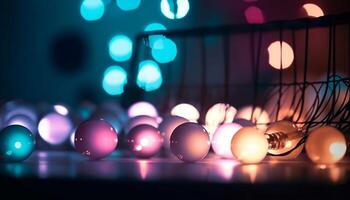 Vibrant colored Christmas decoration ball reflects glowing Christmas lights generated by AI photo