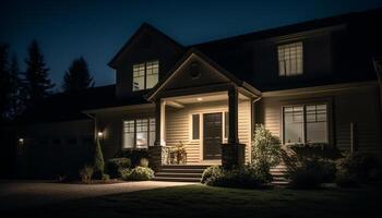 moderno cabaña con iluminado porche en ajardinado suburbano residencial distrito generado por ai foto