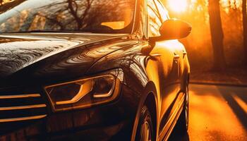 Deportes coche velocidades mediante ciudad, reflejando puesta de sol en faros generado por ai foto