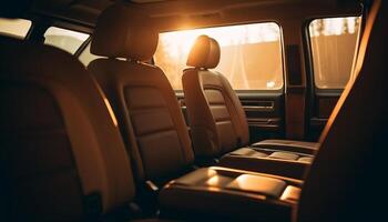 Luxury car seat reflects sunset, modern dashboard illuminates elegant journey generated by AI photo