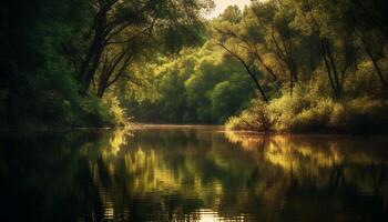 Tranquil scene of a rural pond reflecting the beauty of nature generated by AI photo