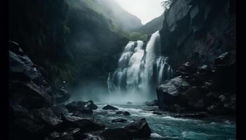 Tranquil seascape, blurred motion of flowing water in majestic ravine generated by AI photo