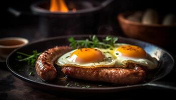 Grilled pork on rustic wood table, with fried egg and tomato generated by AI photo