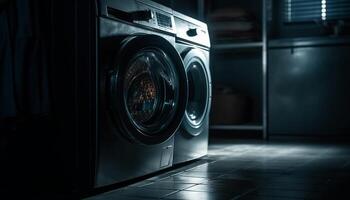 Modern washing machine spinning wet clothing in stainless steel appliance generated by AI photo