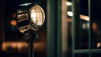 Glowing electric lamp on steel tripod illuminates dark indoor space generated by AI photo