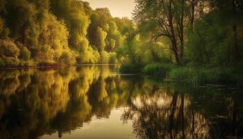 Tranquil forest pond reflects natural beauty of autumn landscape generated by AI photo