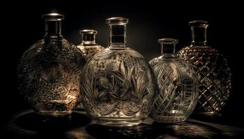 Luxury whiskey bottle on ornate table, reflecting elegant still life generated by AI photo