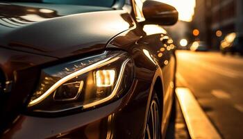 Shiny headlight illuminates modern luxury sports car in blurred motion generated by AI photo