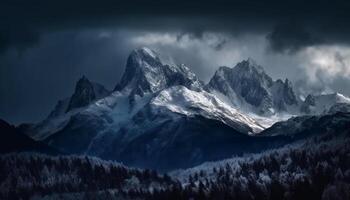 Majestic mountain range, panoramic landscape, tranquil scene, dramatic sky generated by AI photo