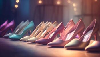 moderno zapato colección en mostrar, exhibiendo elegancia y lujo generado por ai foto