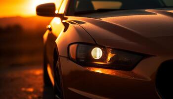 Luxury sports car driving on asphalt at dusk, headlights illuminated generated by AI photo