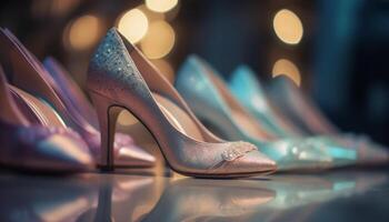 Shiny stiletto shoes in a row, reflecting elegance and glamour generated by AI photo