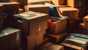 Large group of cardboard boxes in a row, delivering freight transportation generated by AI photo