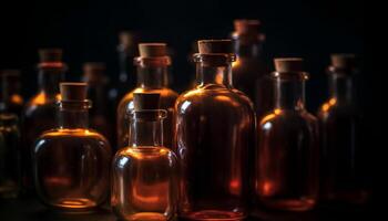 un colección de whisky botellas en un fila, reflejando azul generado por ai foto