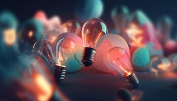 Bright glowing light bulb igniting electricity, symbol of innovation and efficiency generated by AI photo