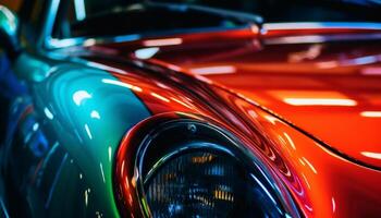 Shiny sports car speeds through illuminated city streets at night generated by AI photo