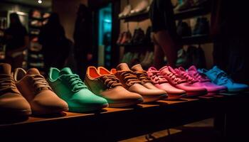 Large multi colored shoe collection on display in modern boutique store generated by AI photo