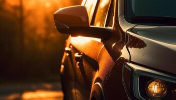 lujo coche velocidades mediante ciudad calles a oscuridad, faros brillante generado por ai foto