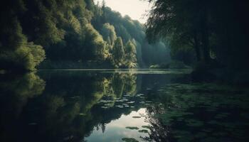 tranquilo escena de natural belleza bosque, estanque, y reflexión generado por ai foto