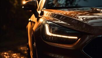 Deportes coche velocidades mediante ciudad calles, iluminado por faros generado por ai foto