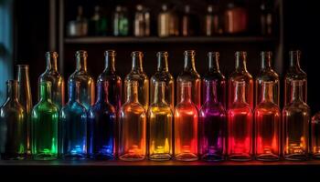 Multi colored glass bottles in a row, vibrant colors and freshness generated by AI photo