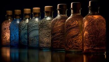 whisky botella decoración refleja antiguo culturas en florido vaso material generado por ai foto