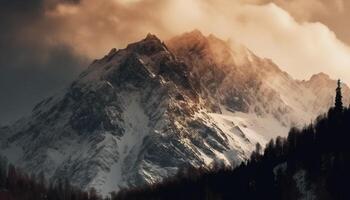 Majestic mountain range, tranquil scene, back lit by sunrise generated by AI photo