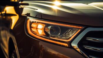 Shiny chrome headlight illuminates vintage car elegant metallic grille generated by AI photo