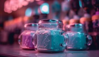 Multi colored glass bottles on table, a celebration of gourmet refreshments generated by AI photo