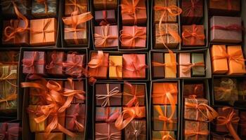 Large stack of multi colored gift boxes wrapped in shiny paper generated by AI photo