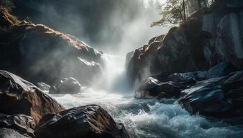 Flowing water splashing on majestic rock in extreme terrain adventure generated by AI photo