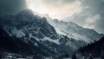 Majestic mountain range, tranquil meadow, frozen wilderness, blue sky beauty generated by AI photo