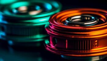 Antique camera lens captures abstract reflection on shiny metal circle generated by AI photo